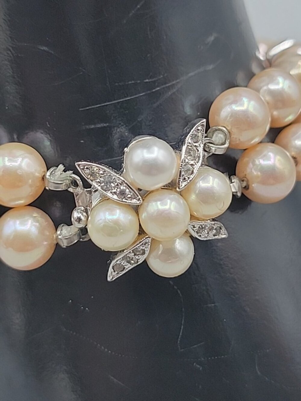 Vintage Panetta Double Strand Champagne Faux Pearl Bracelet Rhinestone Clasp - Picture 5 of 16